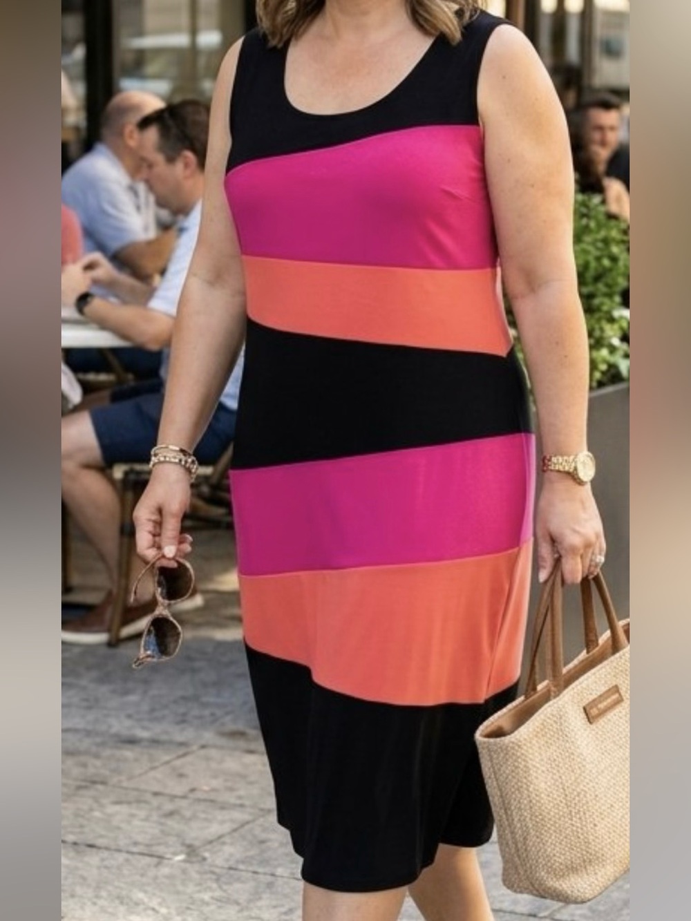Color-block Sleeveless Women's Dress- Black & Pink Size  XL